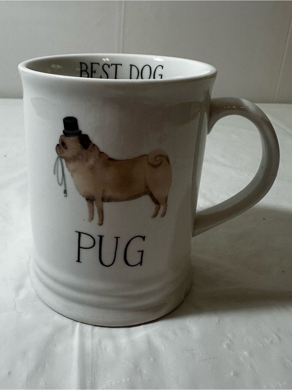 Fringe Studio White Pug Ceramic Dog Bowl Mug with‎ Top Hat Illustration
